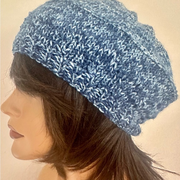 Hand Knits 2 Love Slouch Hat Beanie Beret Stonewashed Denim Flower Designer Chic - Picture 4 of 8